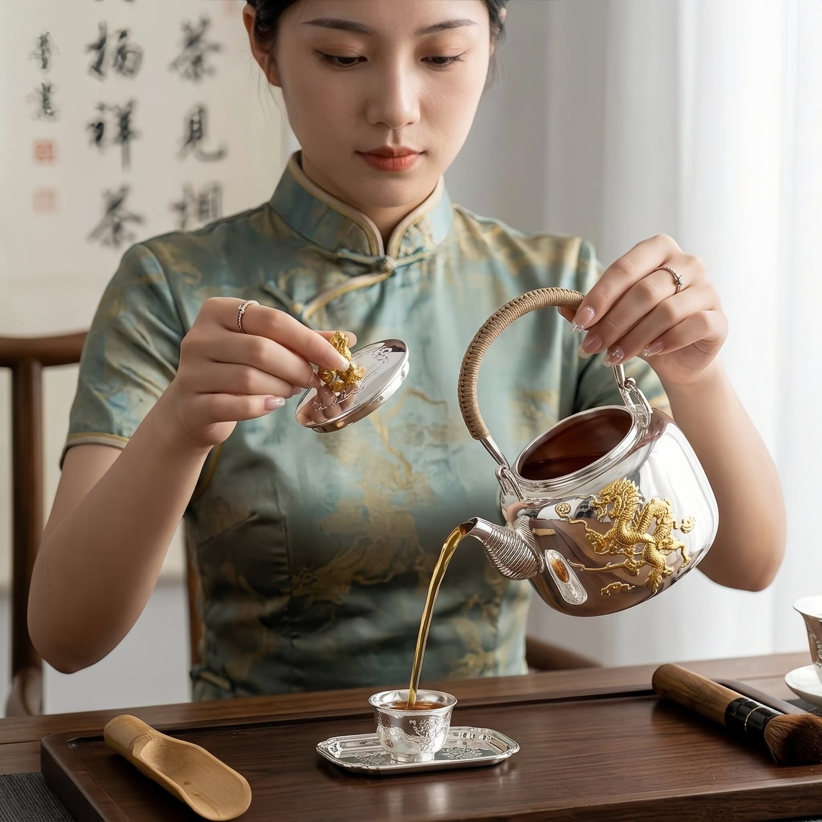 925 Sterling Silver Exquisite Silver Teapot with Gilded Imperial Dragon Relief and Woven Handle - Handicraft - Image 4