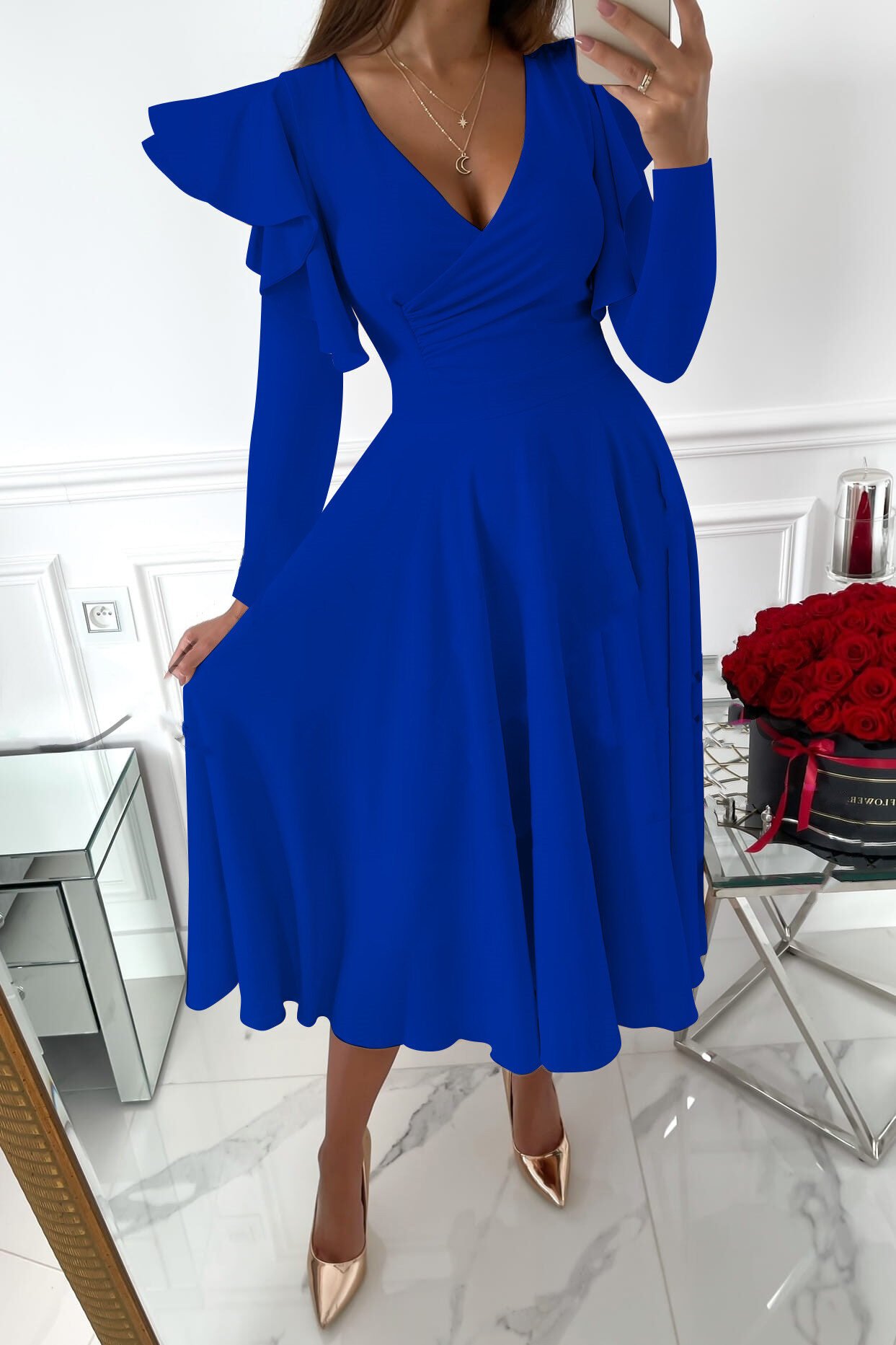 Autumn And Winter Long Sleeved V Neck Ruffled Waist Dress Women's - Image 2