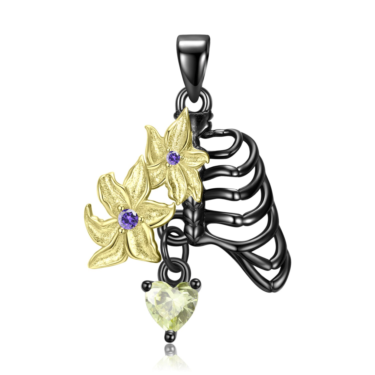 Flower Skeleton Necklace Pendant S925 Sterling Silver Black Gold Plating - Image 3