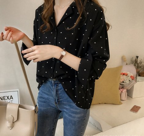 Hong Kong Flavor Polka Dot Printed Chiffon Shirt