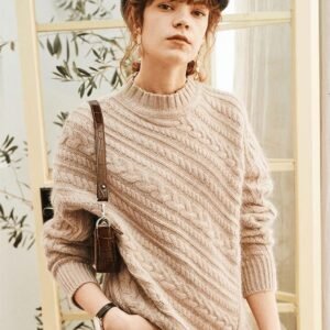 Slit crew neck woolen commuter twist knit sweater