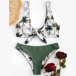 Coconut tree printing new bikini bow European and American split swimsuit