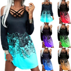 Women's Locate Print Sling Long Sleeve Casual Swing Dress