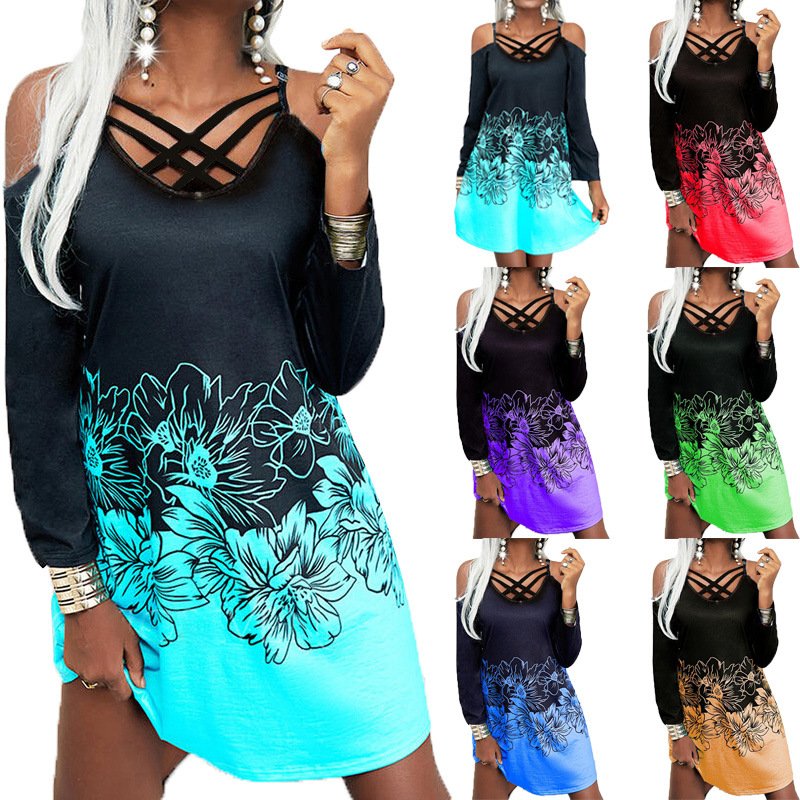 Women's Locate Print Sling Long Sleeve Casual Swing Dress