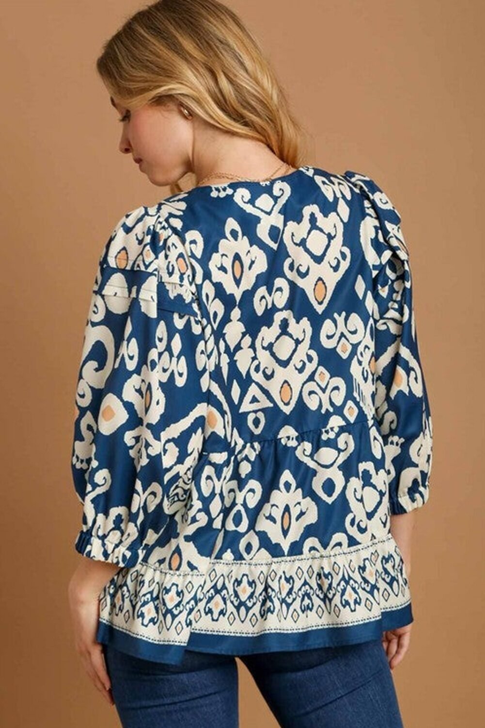 Blue Tribal Geometric Print Sleeve Flowy Fit Blouse - Image 4