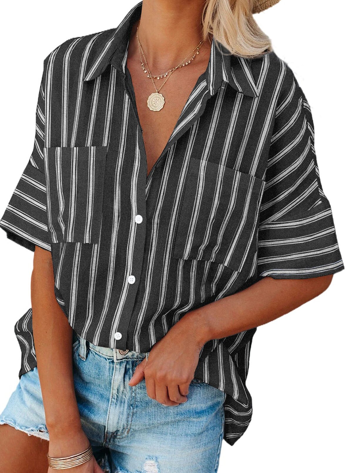Women's Half Sleeve Striped Loose Single Breasted Loose Top - Image 3