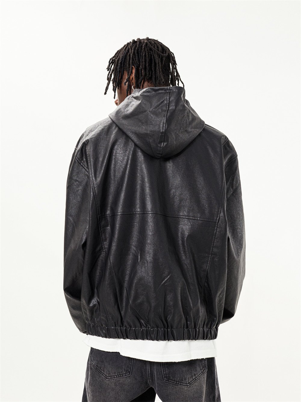 Dark Motorcycle Style Hooded Leather Jacket Men - Image 11