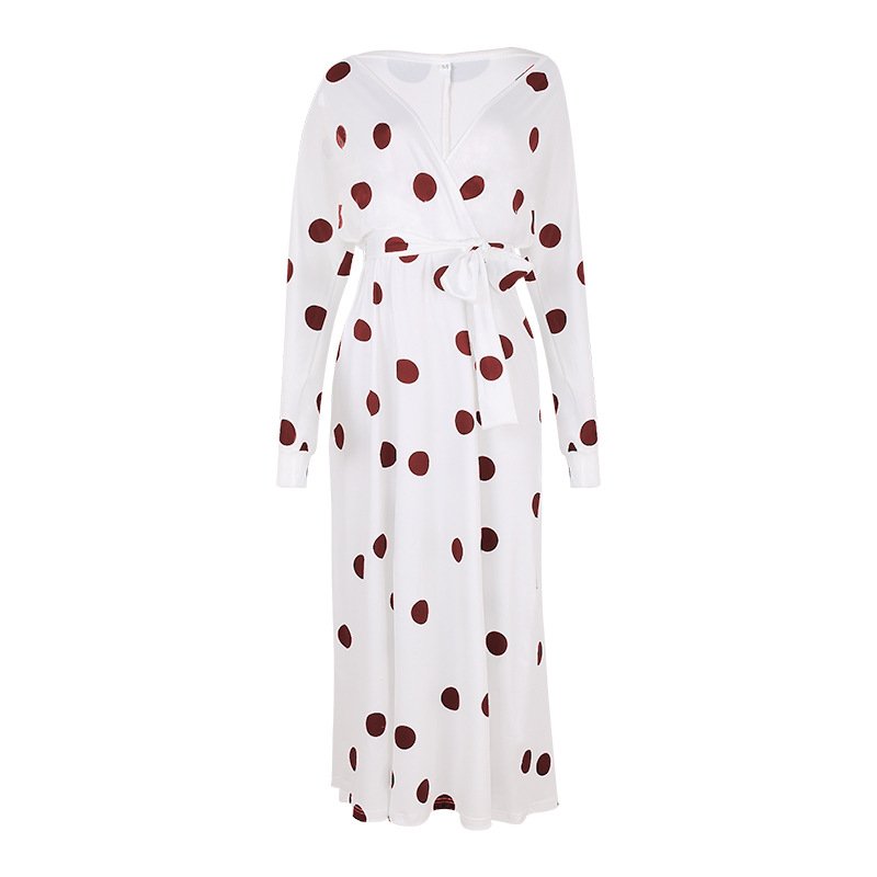 Polka Dot Print Long Sleeve V Neck Off Shoulder Dress - Image 2