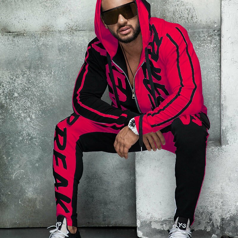 Men's Sports Suit Hooded Letters Color Matching Zipper Cardigan - Image 10