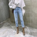 High waist washed blue 2-button small straight-leg jeans