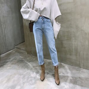 High waist washed blue 2-button small straight-leg jeans