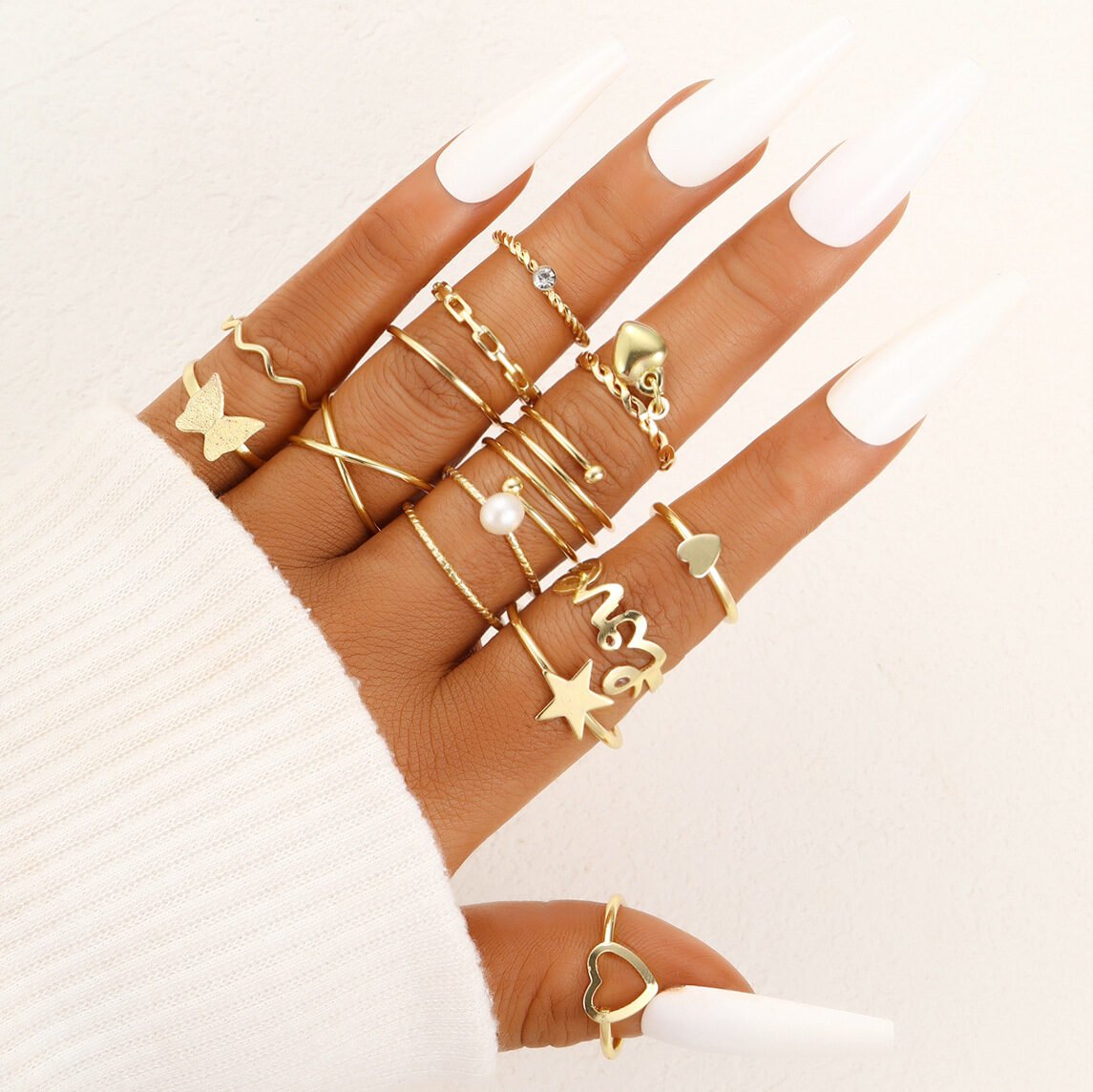 Hollow Heart Geometric Butterfly Leaf Ring Suit - Image 12
