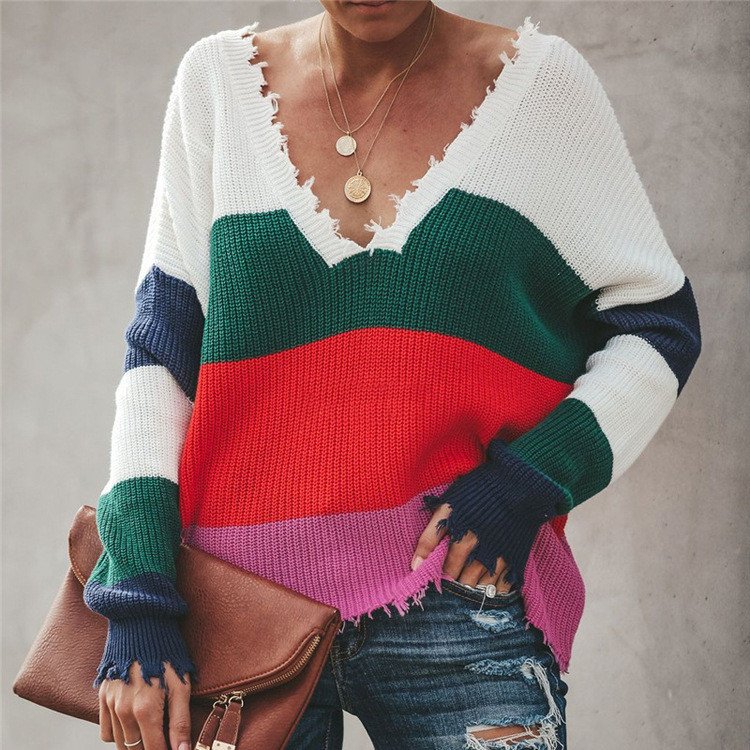 Ripped stitching sweater V-neck knitted sweater - Image 3