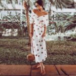 Polka Dot Print Long Sleeve V Neck Off Shoulder Dress