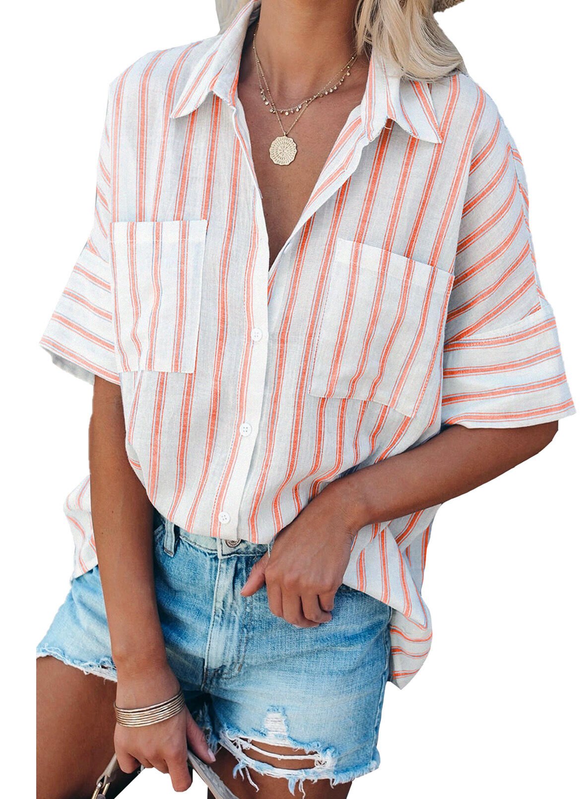Women's Half Sleeve Striped Loose Single Breasted Loose Top - Image 4