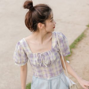 Pleated French high-waist lace shirt