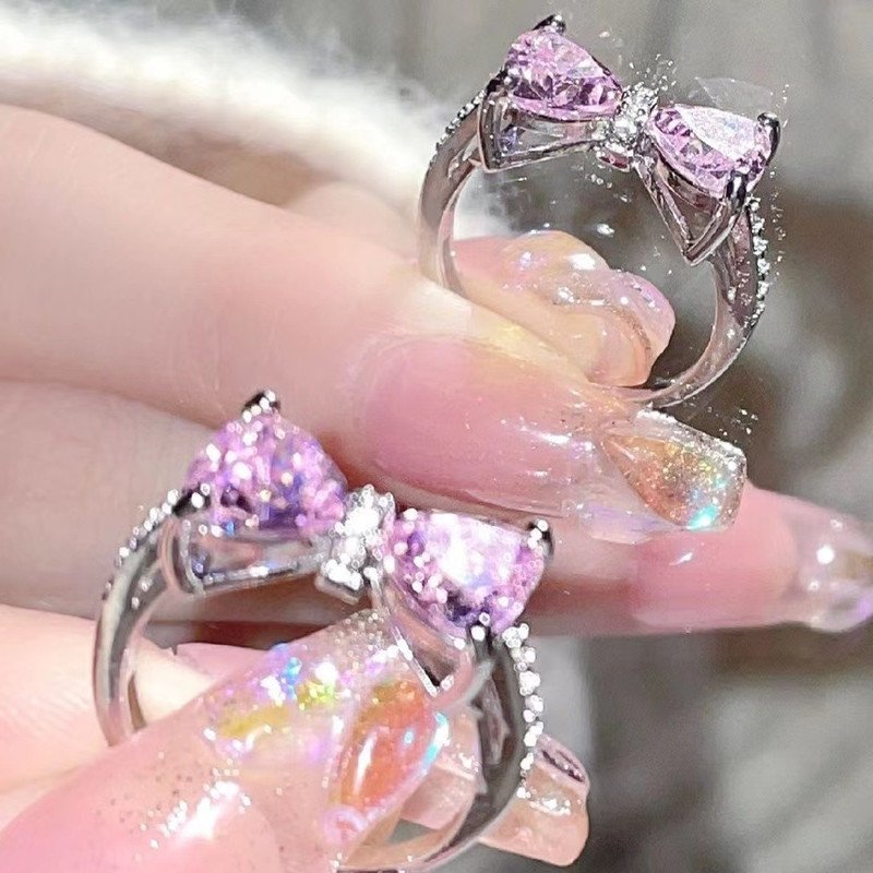 Princess's Castle Pink Bow Female Diamond Zircon French Girl Micro-inlaid Ring - Image 3
