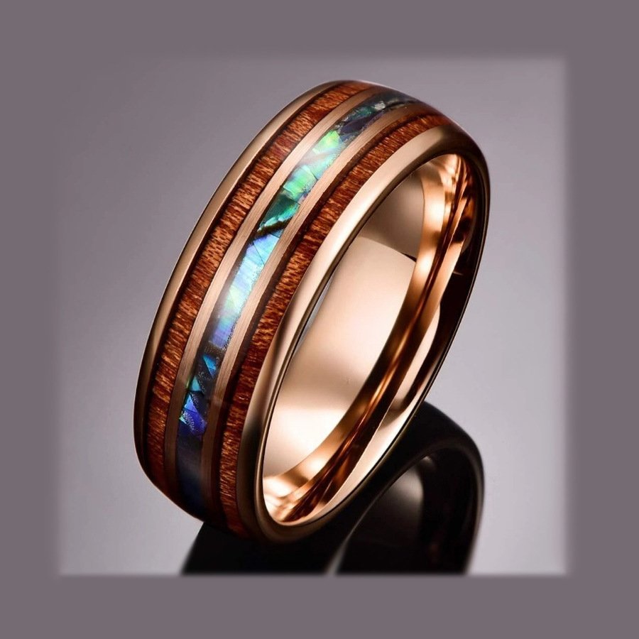 Mens 8mm Rose Gold Triple-Groove Stainless Steel Ring - Image 2