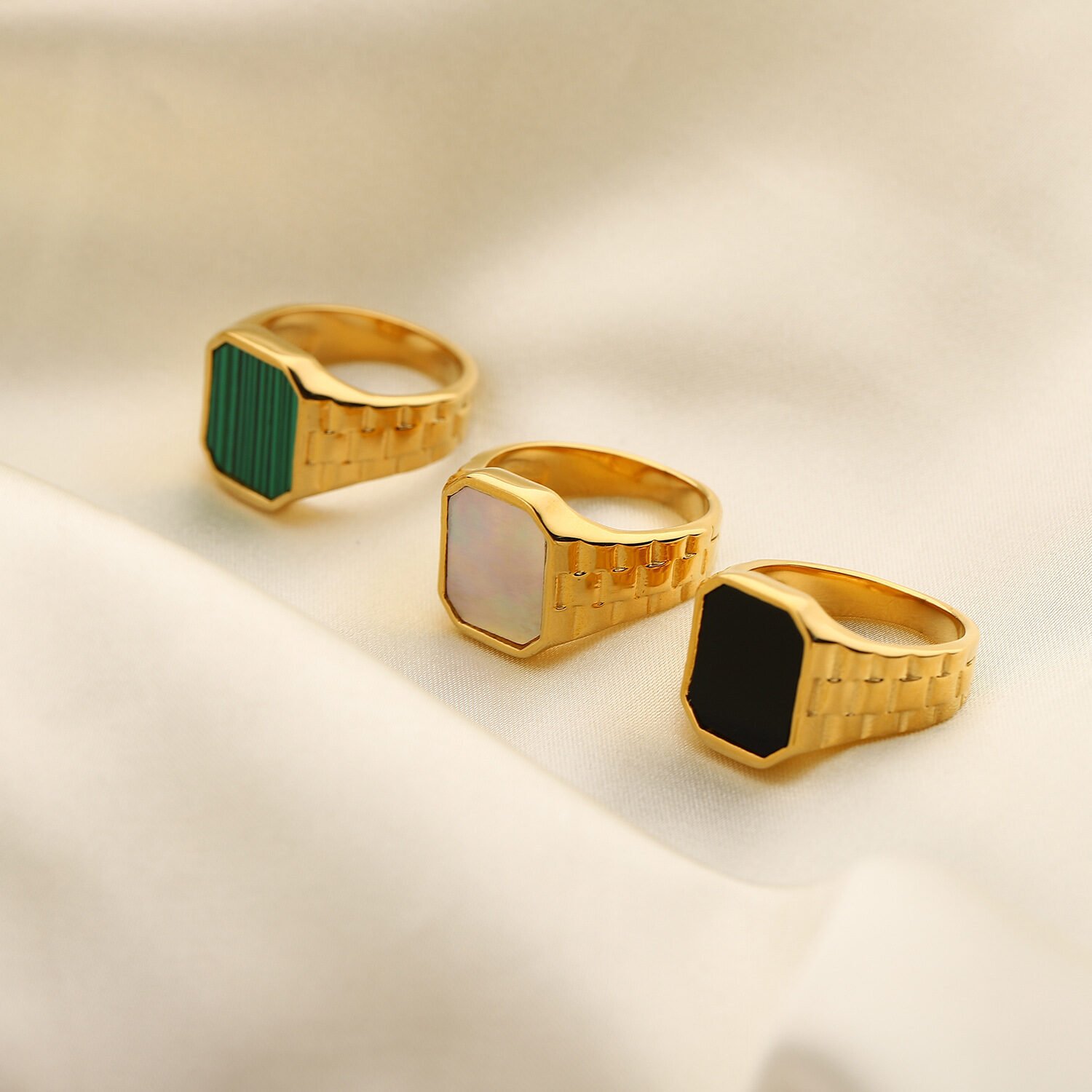 Fashion Stainless Steel Jewelry Lady Green Malachite White Shell Epoxy Rectangular Ring - Image 5