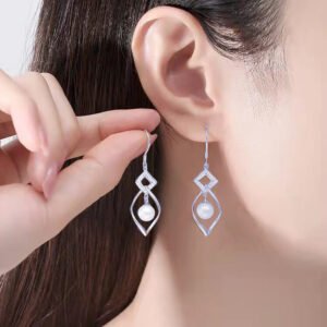 1 Pair 999 Sterling Silver Zircon Rhombus Twist Pearl Drop Earrings, Elegant & Slimming, Perfect For Daily, Party & Dating, Ideal Valentine's Gift