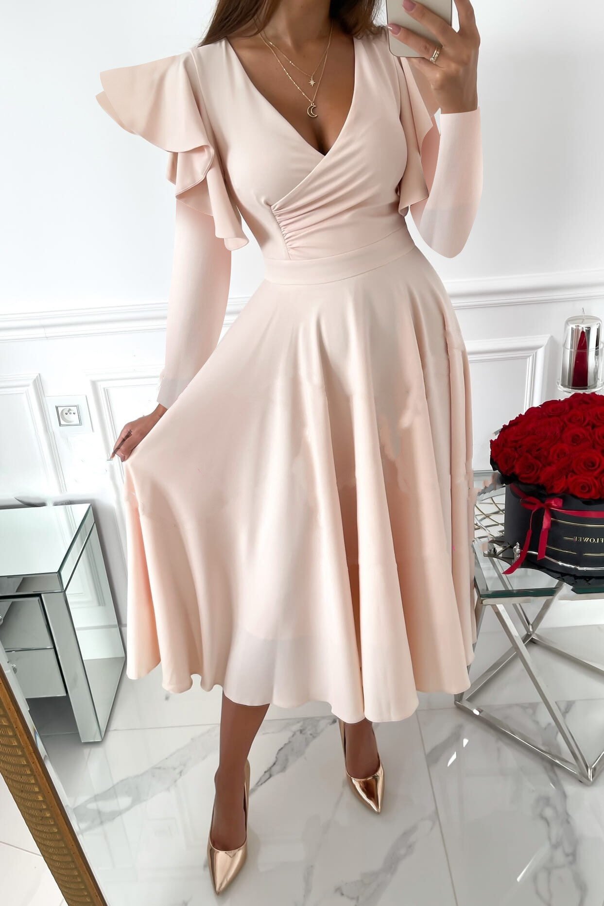 Autumn And Winter Long Sleeved V Neck Ruffled Waist Dress Women's - Image 5
