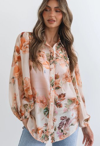 Brown Floral Puff Sleeve Lightweight Shirt - Image 5