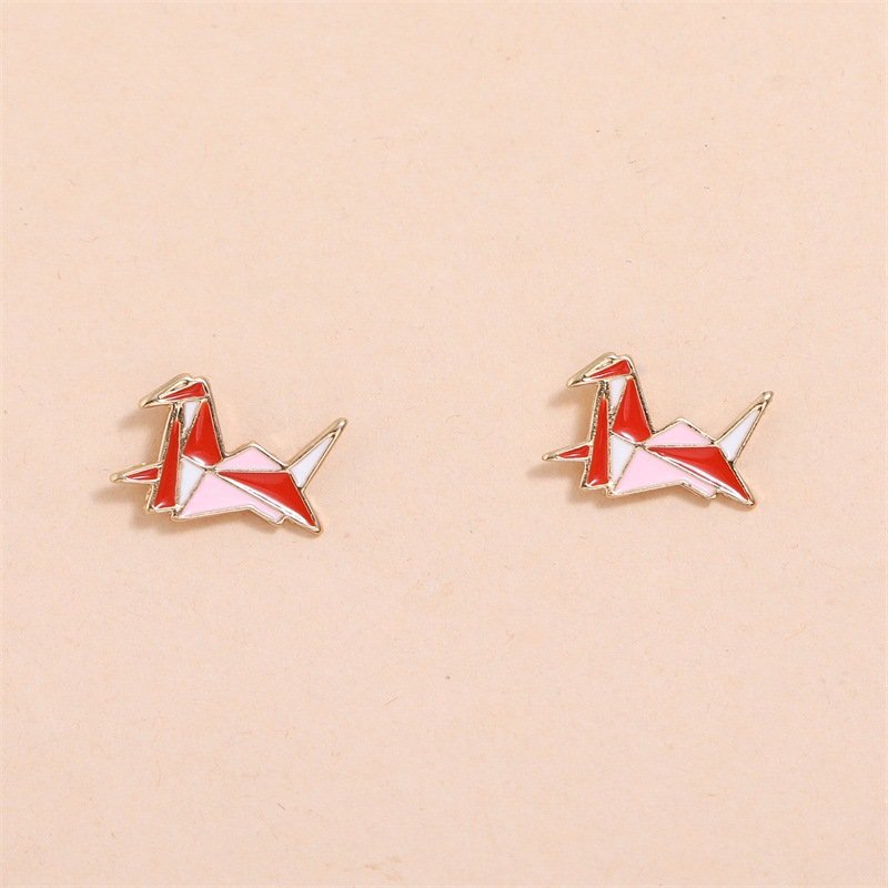 Cute Pink Paper Cranes And Crescent Asymmetric Earrings - Image 4