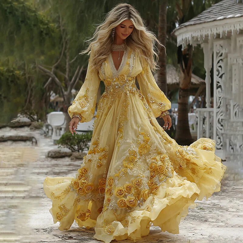 Retro Bohemian Rose Embroidered Linen Loose-Fit Long Dress - Image 4