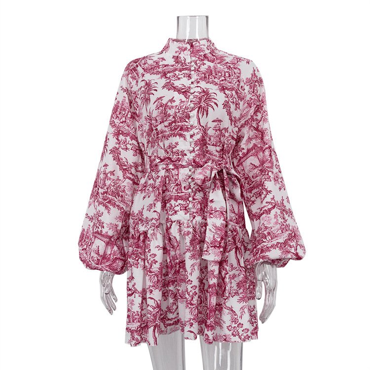 Ink Print Long Sleeve Short Dress With Fashion Puffy Sleeve Lapel Tie A-Line Dress Clothing - Image 4