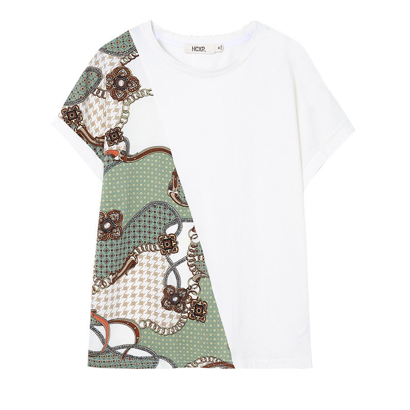 Summer Loose T-Shirt Top Crew Neck Patchwork Chiffon - Image 4