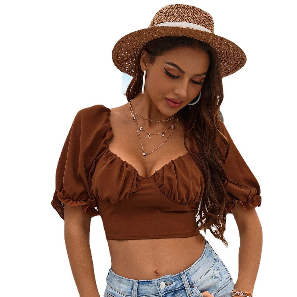 Lantern Sleeve Sexy Halter Bow Top Shirt - Image 3