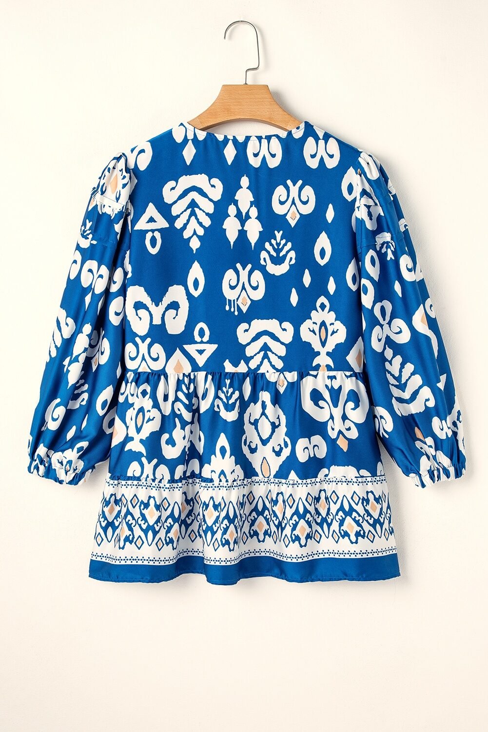 Blue Tribal Geometric Print Sleeve Flowy Fit Blouse - Image 2