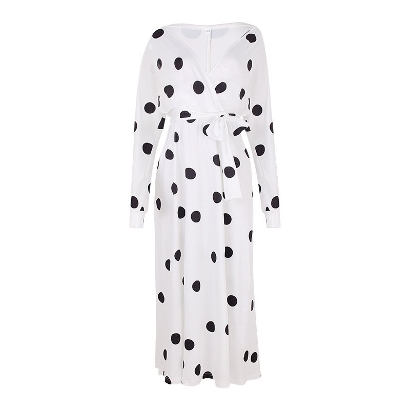 Polka Dot Print Long Sleeve V Neck Off Shoulder Dress - Image 25