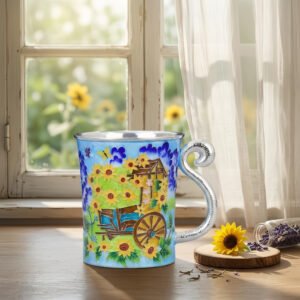 925 Sterling Silver Handcrafted Enamel Cup Featuring a Rustic Sunflower Cart Scene with Silver Scroll Handle - Handicraft