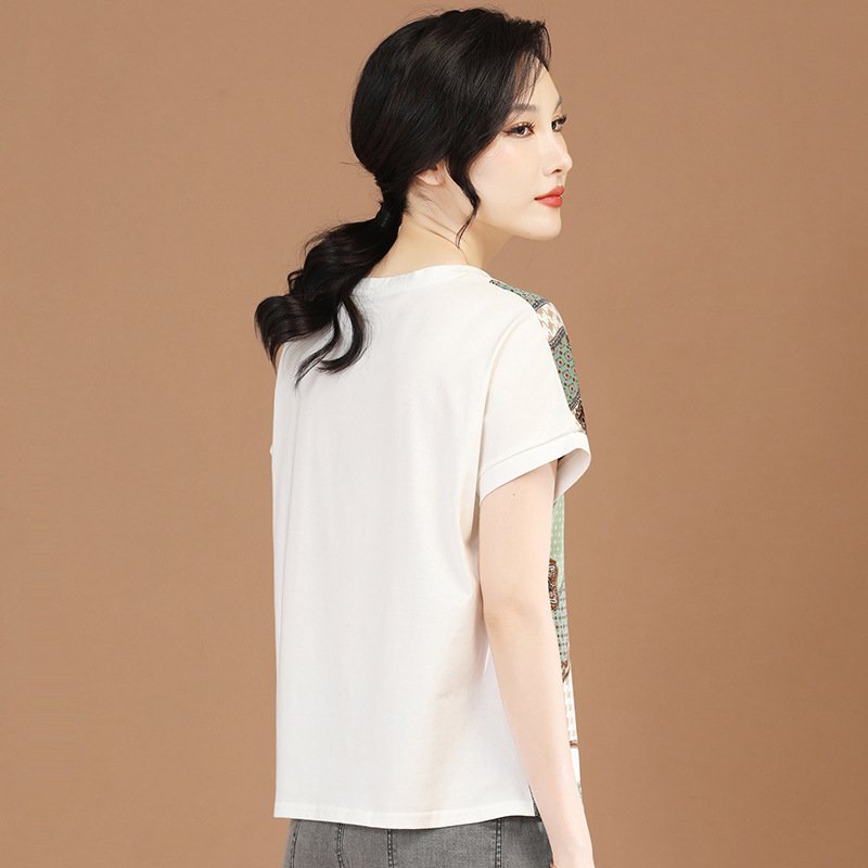 Summer Loose T-Shirt Top Crew Neck Patchwork Chiffon - Image 3