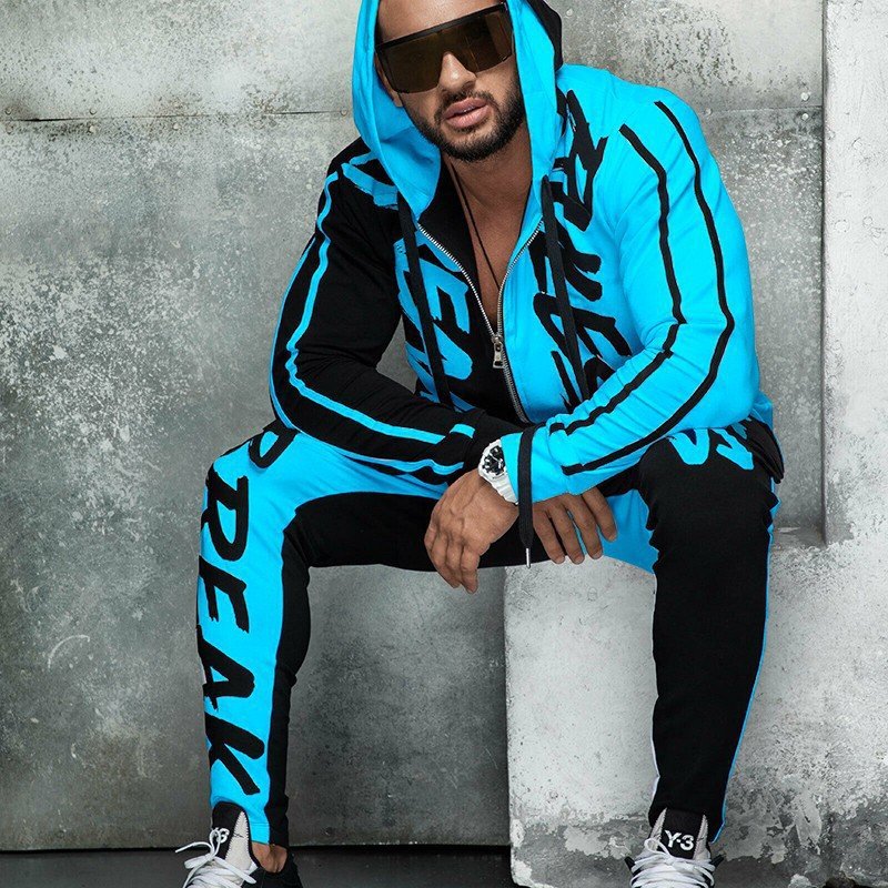 Men's Sports Suit Hooded Letters Color Matching Zipper Cardigan - Image 3