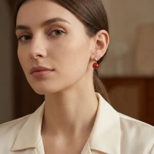 925 Sterling Silver Elegant Red Carnelian Sphere and Polished Metallic Teardrop Drop Earrings