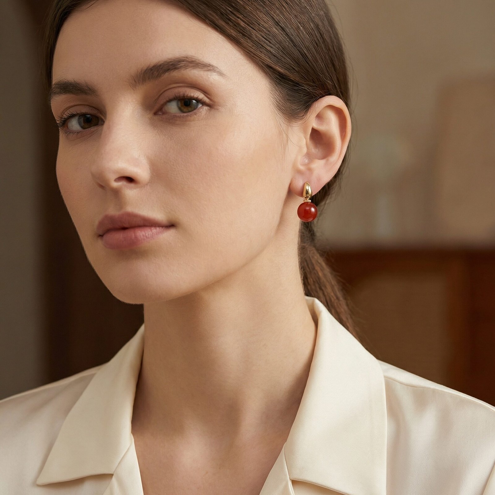 925 Sterling Silver Elegant Red Carnelian Sphere and Polished Metallic Teardrop Drop Earrings
