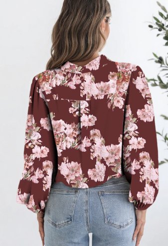 Brown Floral Puff Sleeve Lightweight Shirt - Image 2