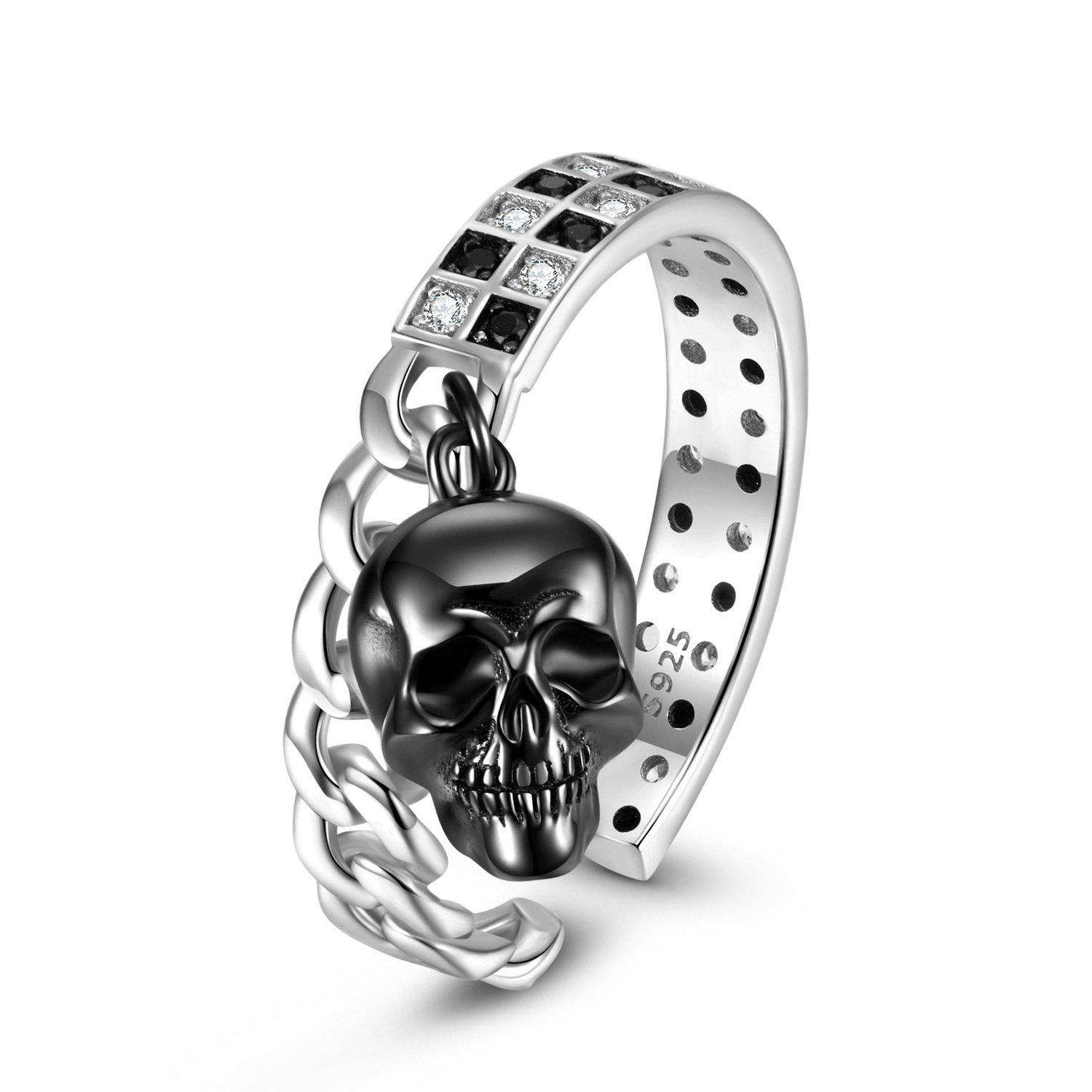 Black And White Mosaic Skull S925 Sterling Silver Ring - Image 3