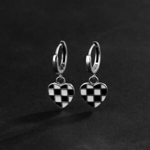 All Over 925 Sterling Silver Heart Chessboard Latch Earrings Black And White Oil Drop Process Earrings