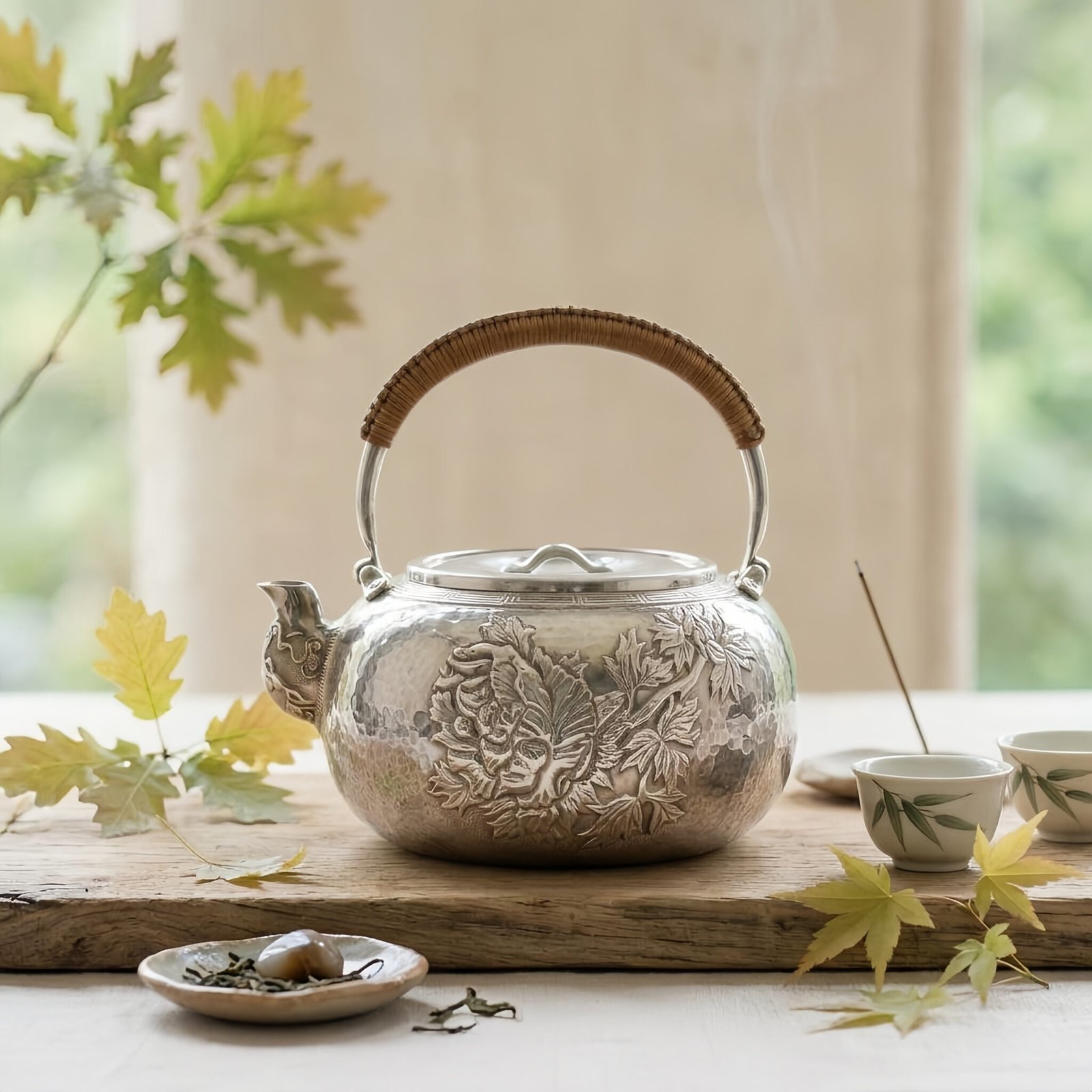 925 Sterling Silver Handcrafted Sterling Silver Floral Teapot with Woven Bamboo Handle and Hammered Texture - Handicraft - Image 3