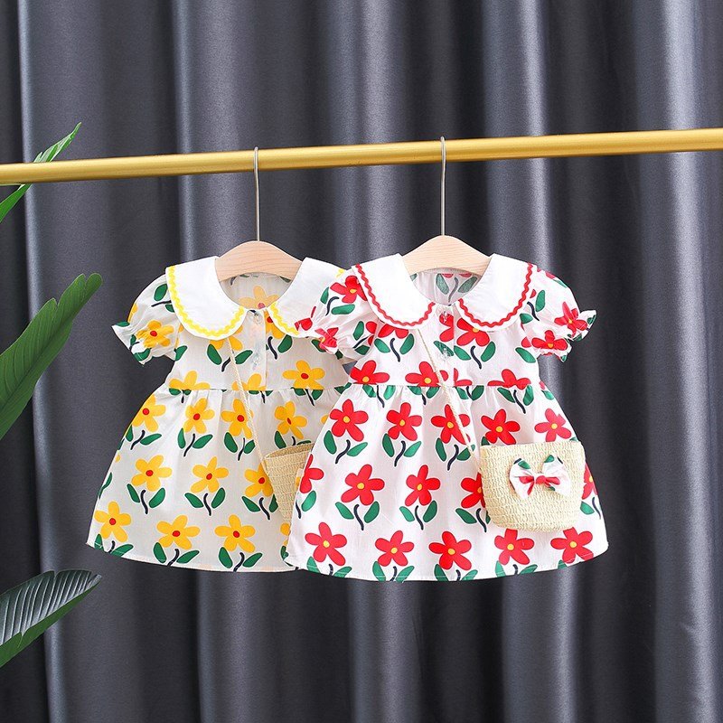 Summer New Style Full Of Small Flowers Cotton Dress Girls Korean Style Dress Get Bow Bamboo Basket Bag - Image 9