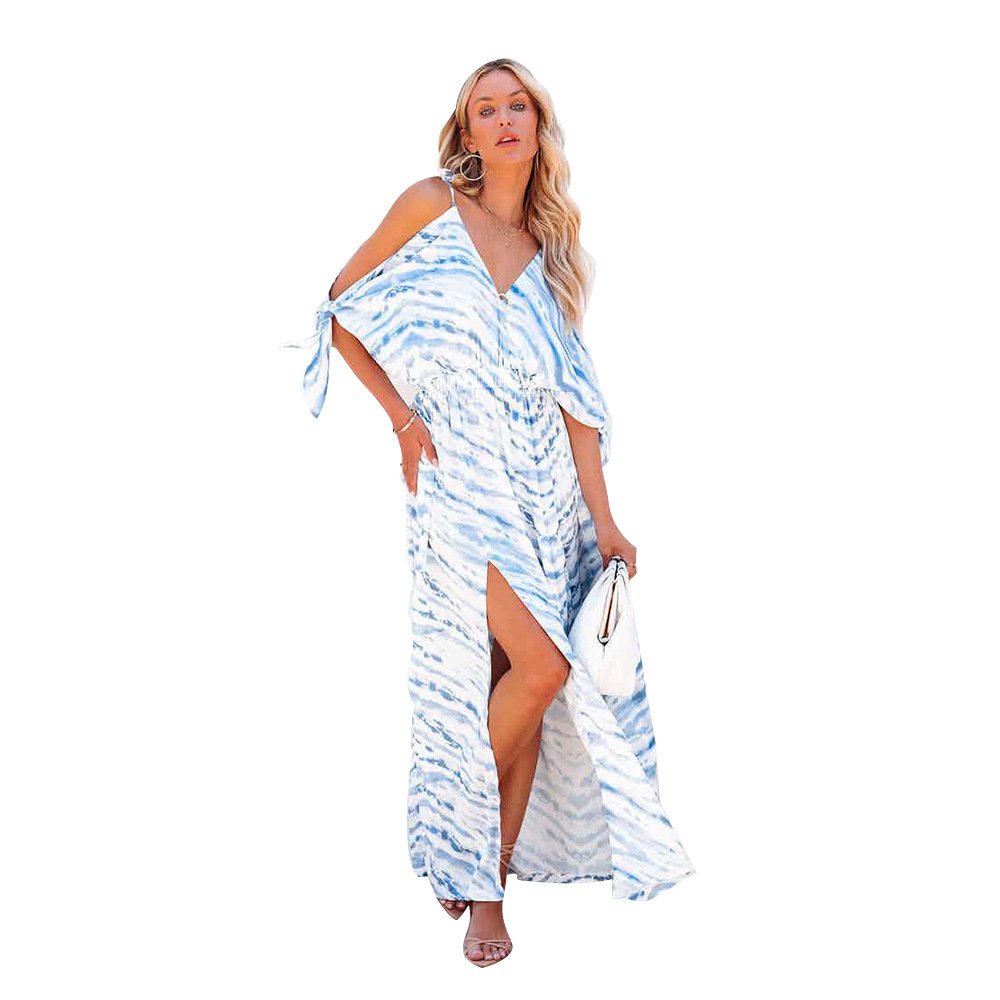 Women's Printed V-Neck Off Shoulder Sling Irregular Dress - Image 6