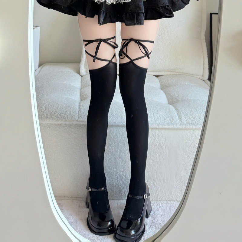 Lolita Crew Socks Spring & Summer Sheer Stockings, Crisscross Bandage Half Thigh High Over-the-Knee JK Calf Socks