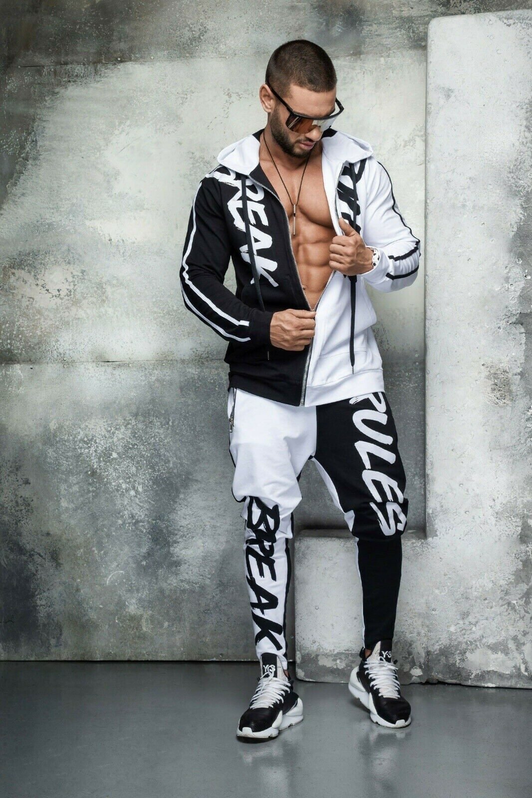 Men's Sports Suit Hooded Letters Color Matching Zipper Cardigan - Image 5