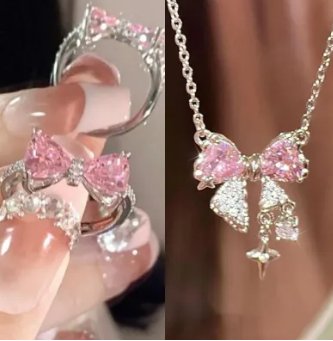 Princess's Castle Pink Bow Female Diamond Zircon French Girl Micro-inlaid Ring - Image 16