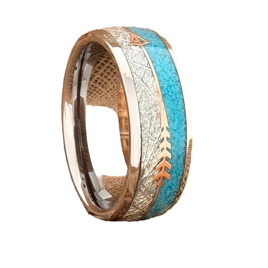 8mm Wide Men's And Women's Fashion Trend Silver Wood Grain Arrow Stainless Steel Ring - Image 5
