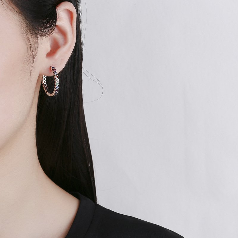 S925 Sterling Silver Large Circle Colorful Zircon Earrings Female - Image 4