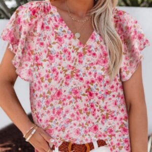 Blue Flutter Sleeve V Neck Floral Summer Blouse